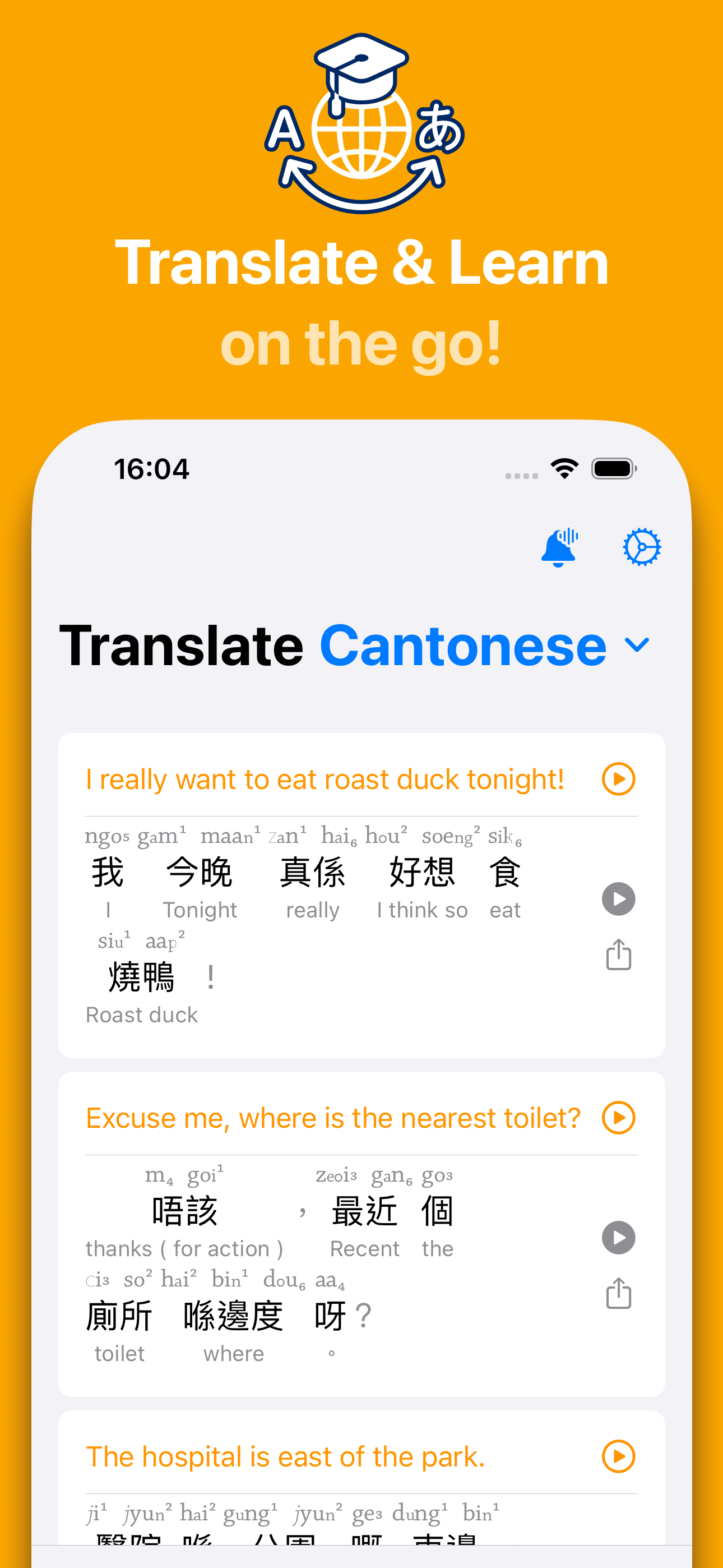 Translate and Learn interface on iPhone
