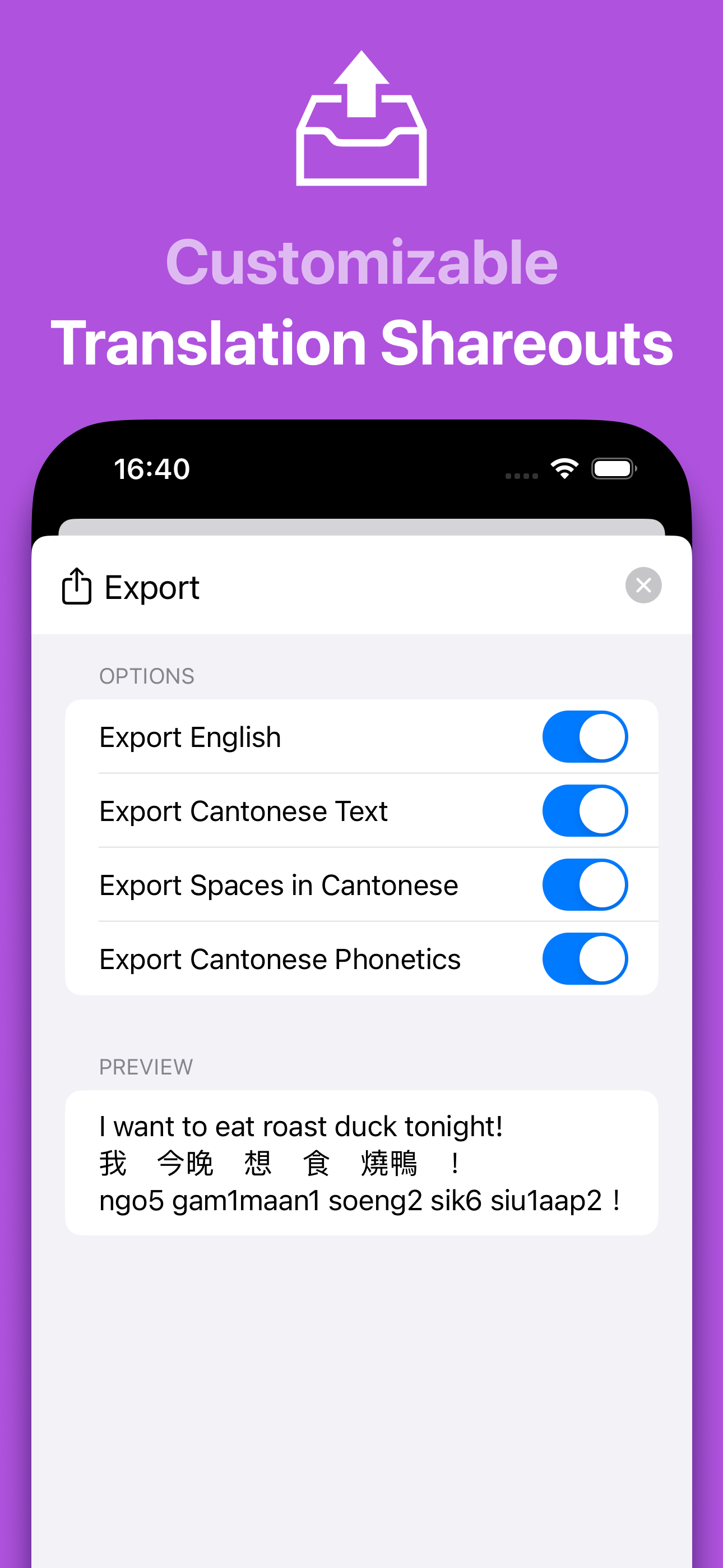 Customizable translation export settings on Translate and Learn